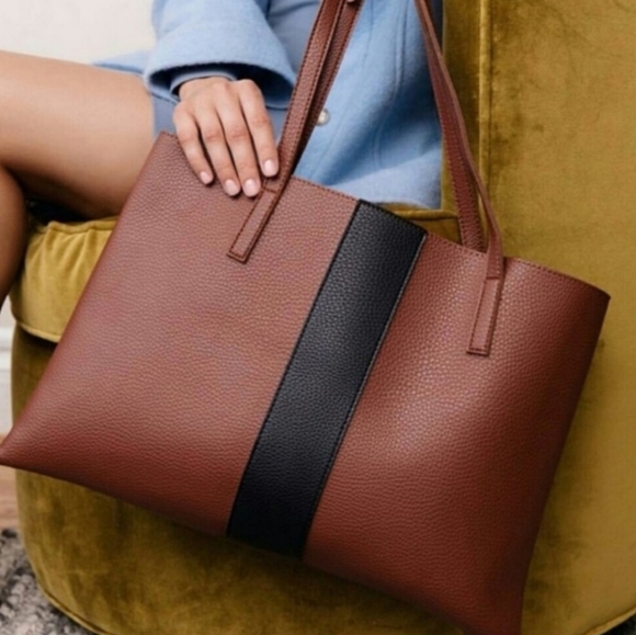 Vince Camuto Handbags - Vince Camuto Luck Brown Black Vegan Faux Leather Tote Bag Pebbled Laptop Career